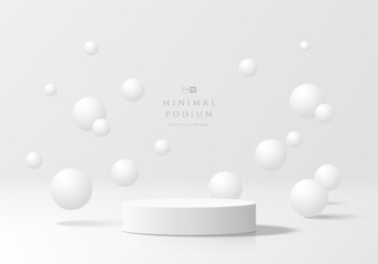 3D white round podium with bouncing white sphere ball background. Abstract geometric composition in minimalist design. 3D studio display showroom product pedestal, Fashion stage showcase mockup scene.
