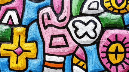 Obraz premium Colorful abstract mural featuring various vibrant shapes, patterns, and outlines including crosses and eye-like designs, evoking a playful and lively artistic style.