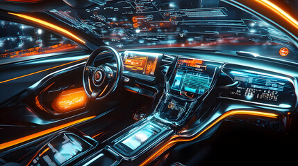 Futuristic Car Interior with Digital Interface - 3D Illustration