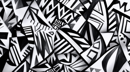 An abstract black and white geometric pattern with various overlapping shapes and angular lines creating a dynamic, visually striking composition.