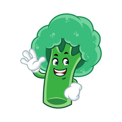 Happy and healthy cartoon broccoli character waving hello.