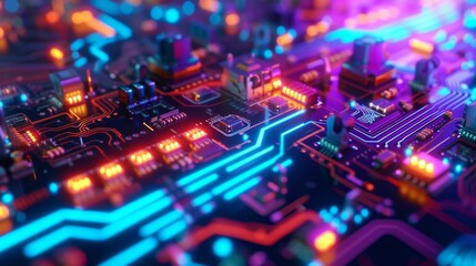 Obraz premium A close-up shot of an illuminated digital circuit board featuring neon glow in blue and pink shades. This image highlights the intricacy and modernity of electronic technology, making it ideal for