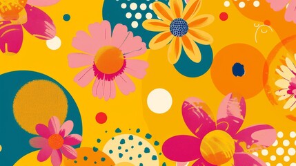 Cheerful and vibrant abstract floral pattern featuring bold flowers and geometric shapes on a bright yellow background, perfect for modern designs, wallpapers, and textiles.