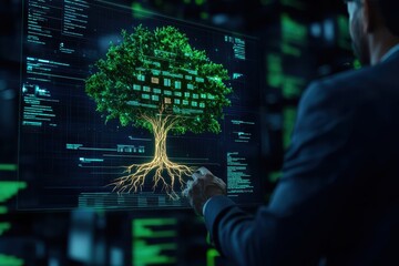 A professional examining a digital tree representation, symbolizing growth and data connections in a tech-savvy environment.