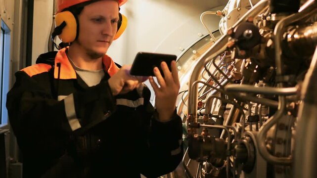 Engine Maintenance Expert Utilizes a Smartphone to Capture and Analyze Data Effectively, Enhancing Performance and Efficiency in the Field of Engineering and Equipment Maintenance