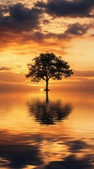 Fototapeta premium Silhouette of Tree Reflected in Water at Sunset