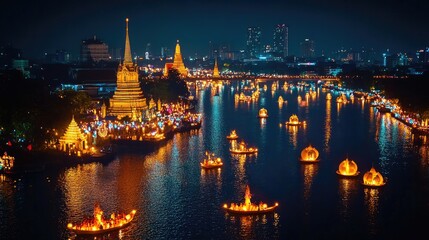 Fototapeta premium A panoramic view of a city Loy Krathong celebration, with lanterns and krathongs lighting up the river and skyline