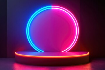 Creative concept 3d neon light discount podium product display with generative ai