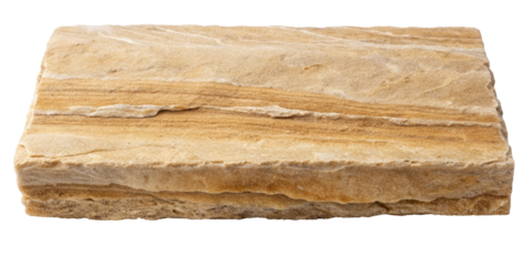 Natural sandstone block showcasing a beautiful layered texture with warm earth tones. Ideal for construction, landscaping, and architectural projects. Isolated on transparent background, png.