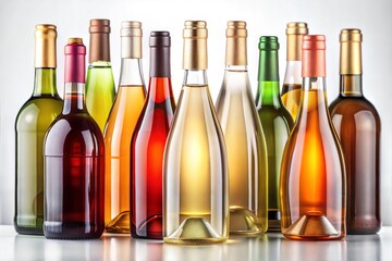 Assorted colorful wine bottles in row on white background