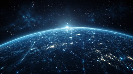 Obraz premium technology trend visual of Earth suspended in outer space with a detailed communication network demonstrating global innovation