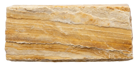 Natural sandstone block with striking horizontal layers of beige and golden tones. Perfect for use in architecture, design, and construction projects. Isolated on transparent background, png.