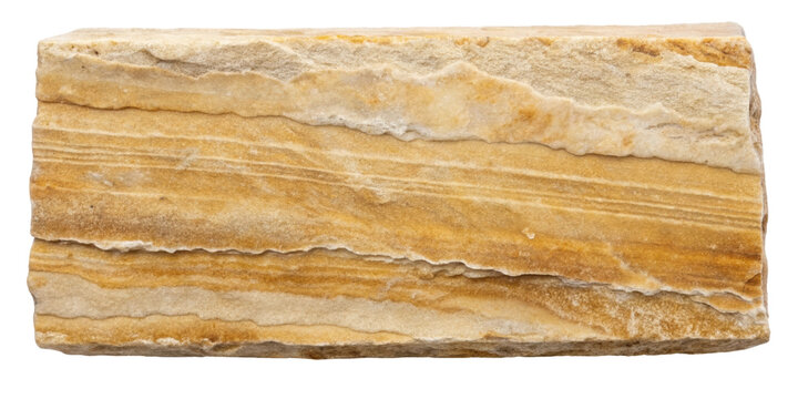 Natural sandstone block with striking horizontal layers of beige and golden tones. Perfect for use in architecture, design, and construction projects. Isolated on transparent background, png.