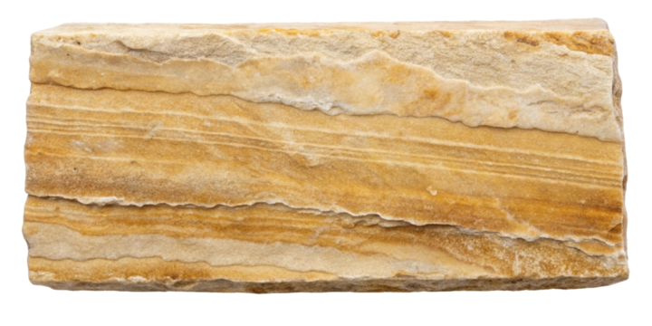 Natural sandstone block with striking horizontal layers of beige and golden tones. Perfect for use in architecture, design, and construction projects. Isolated on transparent background, png.