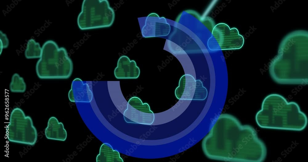 Poster animation of scope scanning, data processing and clouds over dark background