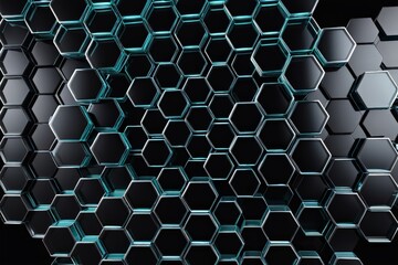 Abstract background of a black hexagonal pattern with blue accents.