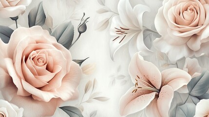 A soft, pastel floral pattern featuring large, delicate roses and lilies on a light background, creating a calm and romantic vibe.