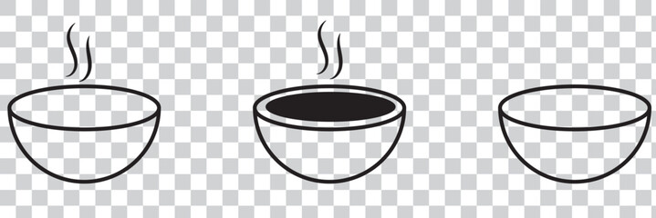 Bowl icon set collection in black design. Containing rice in bowl, hot soup icon.