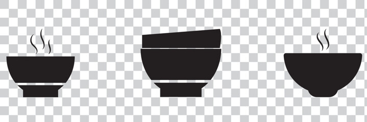 Bowl icon set collection in black design. Containing rice in bowl, hot soup icon.
