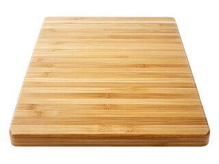 Wooden bamboo cutting board viewed from the top, showcasing a smooth and natural wood grain surface. Perfect for kitchen use and food preparation. Isolated on transparent background, png.