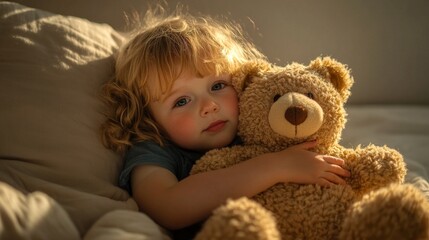 A sweet child cuddles a soft teddy bear in a cozy setting. The warm sunlight creates a peaceful atmosphere. This image captures the innocence and comfort of childhood. AI
