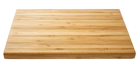 Wooden bamboo cutting board viewed from the top, displaying a smooth and natural wood grain surface. Ideal for cutting and chopping tasks in the kitchen. Isolated on transparent background, png.