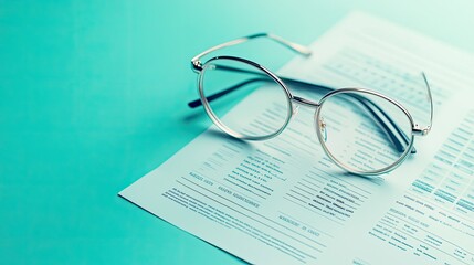 A pair of glasses resting on a document, suggesting reading or analysis.