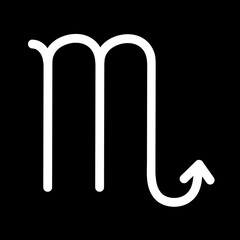 scorpio zodiac symbol white line art for astrological calendar horoscope Vector design element black background