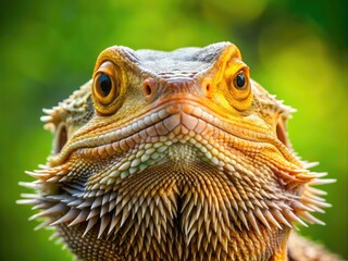 A Close-Up Of A Bearded Dragon Looking Directly At The Camera With A Vivid Green Background And A Slightly Open Mouth.