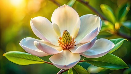 A Closeup Of A Large, White Magnolia Flower With Soft Pink Hues And A Golden-Brown Center, Against A Blurred Green Background.