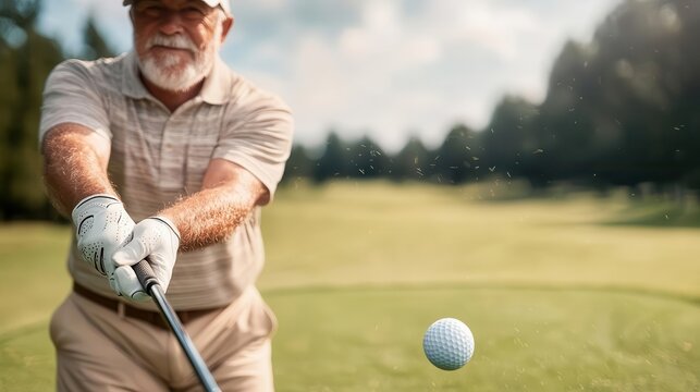 Older man hitting a golf ball on a lush green golf course, perfect swing, senior golfing, precision sports - Powered by Adobe
