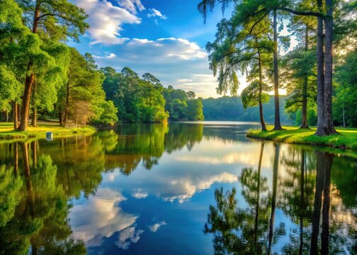 Serene morning scene of a tranquil lake surrounded by lush greenery and towering trees at a picturesque park in rural Georgia.