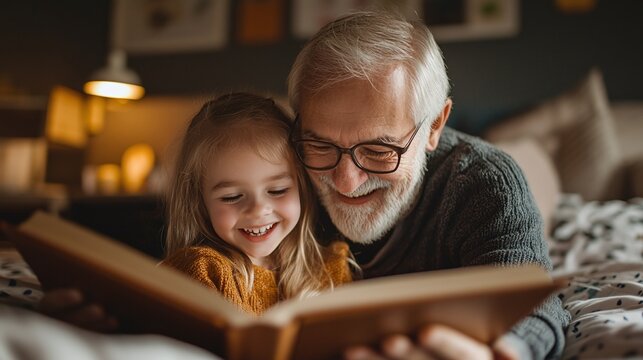 playful children and grandparent reading together with joy and laughter in the bedroom creating a peaceful family moment full of happiness and love