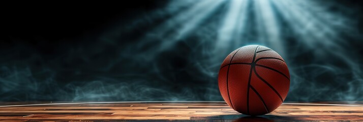Basketball on a wooden court with spotlight shining. Perfect for sports, competition and teamwork concepts.