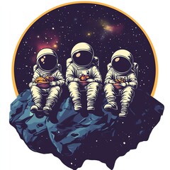 A group of astronauts celebrating Thanksgiving on the moon clipart, cozy and futuristic, starry night sky, digital illustration, isolated on white background