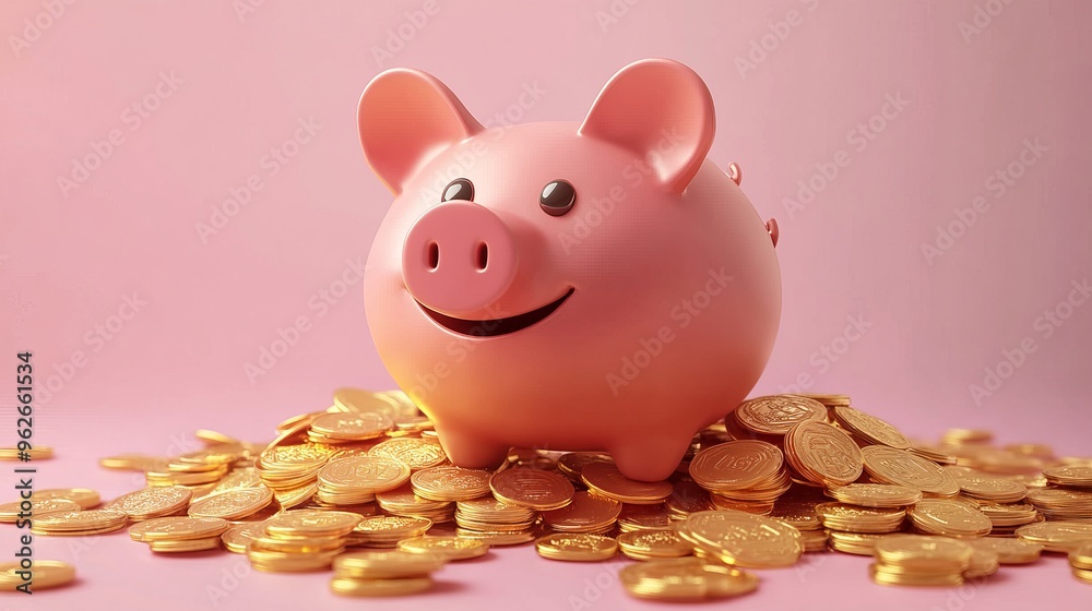 Poster 3drendered piggy bank with a pile of gold coins depicted as a realistic vector illustration symboliz
