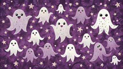 A playful pattern of cute ghosts on a purple background.