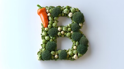 2. "The letter 'B' crafted from vegetables high in Vitamin B, like bell peppers, broccoli, and Brussels sprouts, rendered in 3D with a clean white backdrop.
