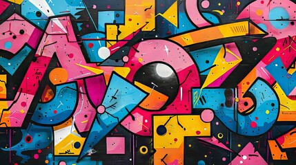 Abstract Graffiti Wall Art with Geometric Shapes and Bright Colors