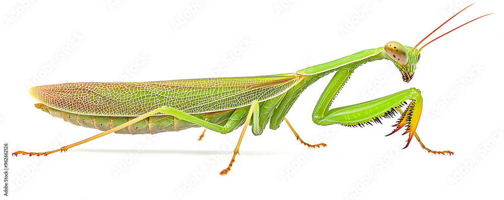 Wall mural a close-up side view of a giant asian green praying mantis (hierodula membranacea) against a clean w