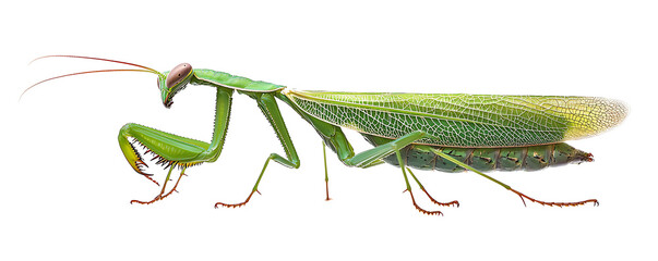 A close-up side view of a Giant Asian Green Praying Mantis (Hierodula membranacea) against a clean white background