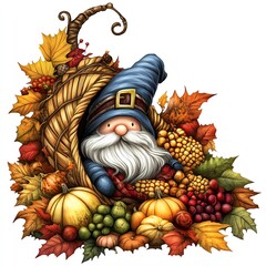 A gnome in a Thanksgiving cornucopia clipart, surrounded by autumn produce, vibrant colors, digital painting, isolated on white background