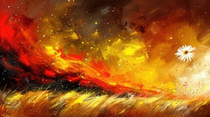 A vibrant abstract landscape featuring fiery colors and a single daisy, evoking emotion and nature's beauty.