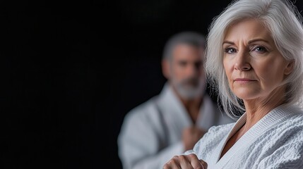 Senior woman practicing martial arts with a trainer, focused and empowered, senior martial arts, selfdefense