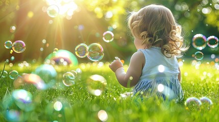 Young Girl Gazing at Soap Bubbles in a Sunny Meadow