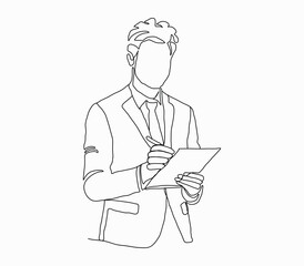Continuous line drawing of professional young business man, writing work plan in personal notebook isolated on white background..