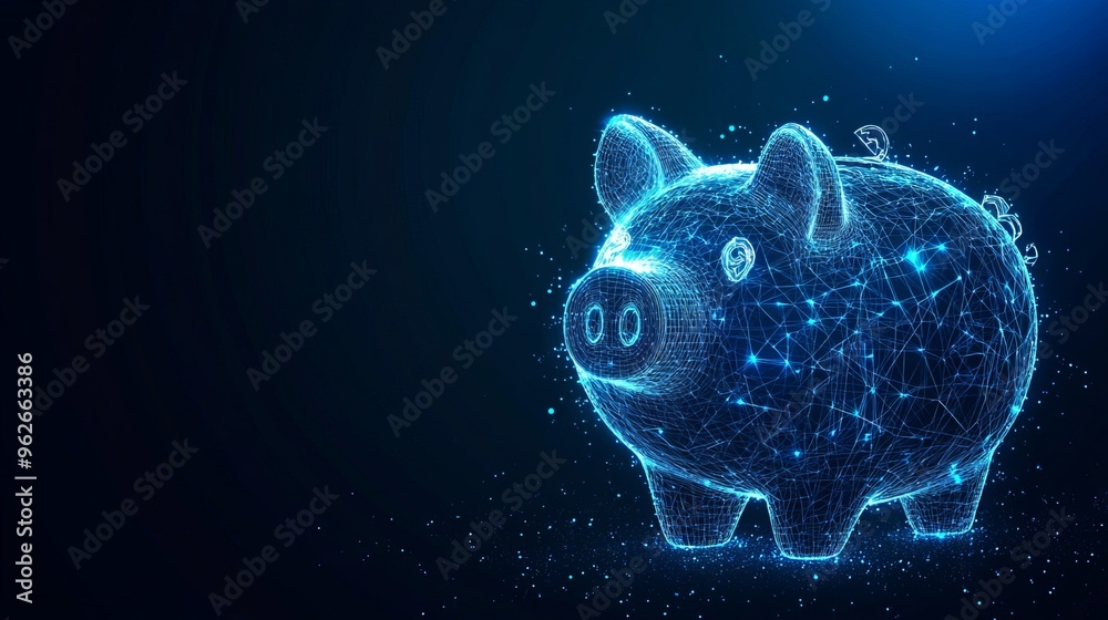 Aufkleber abstract lowpoly wireframe piggy bank on a dark blue background symbolizing the concept of saving mo