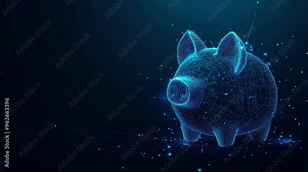 Aufkleber Abstract lowpoly wireframe piggy bank on a dark blue background symbolizing the concept of saving money in business with space for text