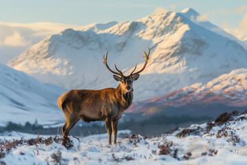 A Majestic Red Deer Stag Stands in the Foreground with Snow-Covered Mountains and Warm Sunset Light Reflecting on the Landscape