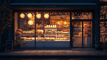 A bakery shop window with glowing pastries, representing the allure of fresh baked goods